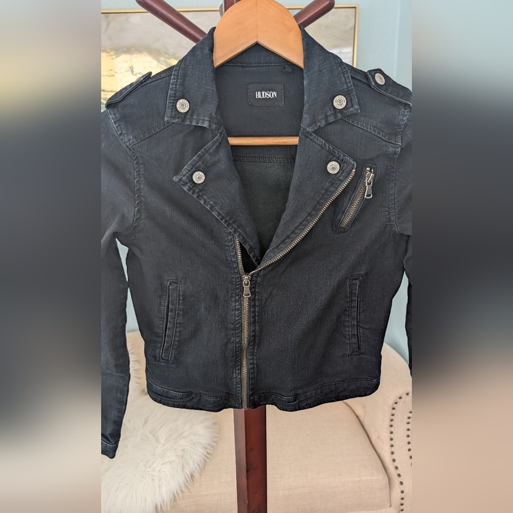 Hudson Crop Denim Moto Dark Blue Jacket Woman's - Picture 3 of 13